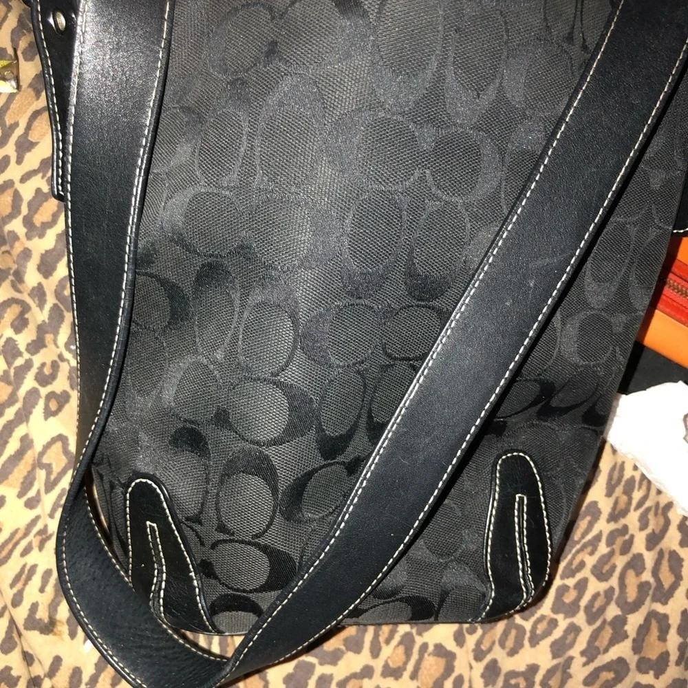 Coach black canvas monogram shoulder bag , leather trim see matching pieces